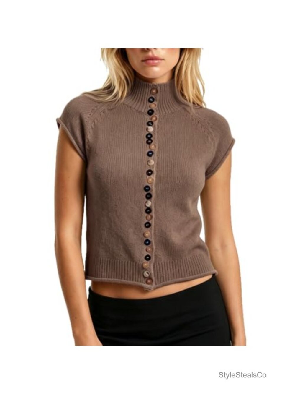 Women Mock Neck Cap Sleeve Button Front Knit Cardigan Sweater